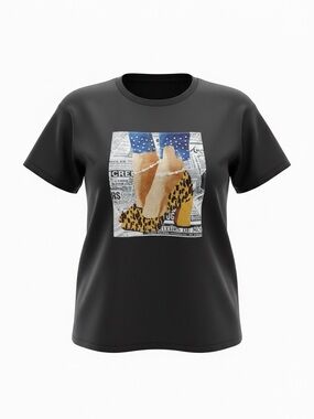Black Short Sleeve Graphic Tee with Leopard Heel Print size L/XL